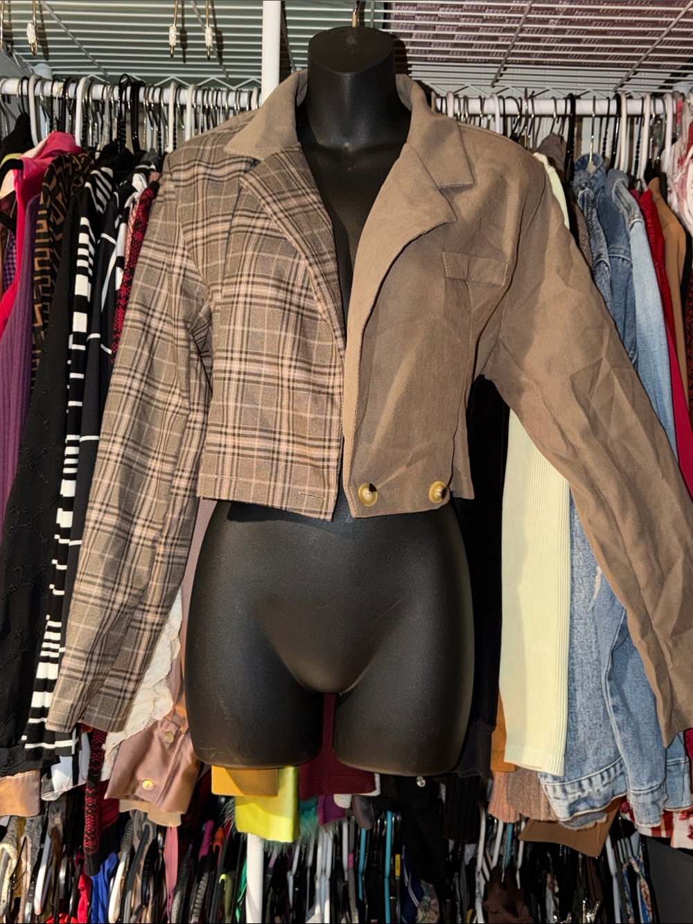 SHEIN Two-Tone Cropped Plaid & Solid Brown Blazer